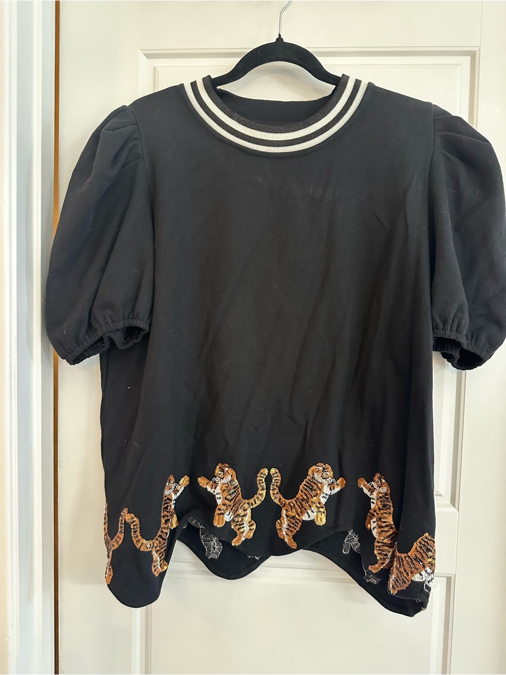 Queen of Sparkles Black Sequin Tiger Black Top